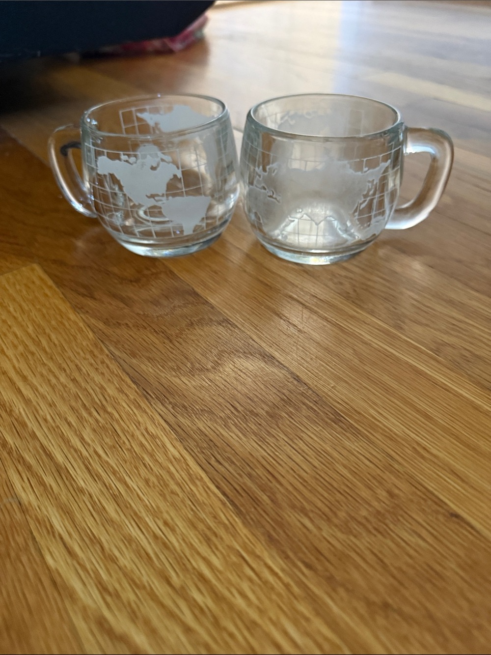 Etched World Map Glass Mugs - Clear Glass set of 2